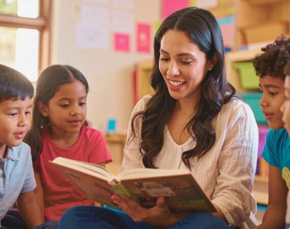 Crianças em atividade de leitura com apoio da professora.
